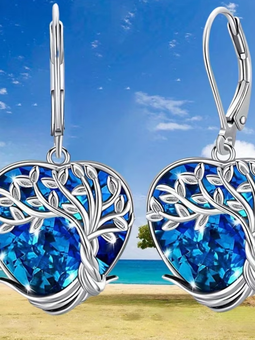 Silver Heart Tree of Life Drop Earrings with Blue Crystall - Picture 3 of 3